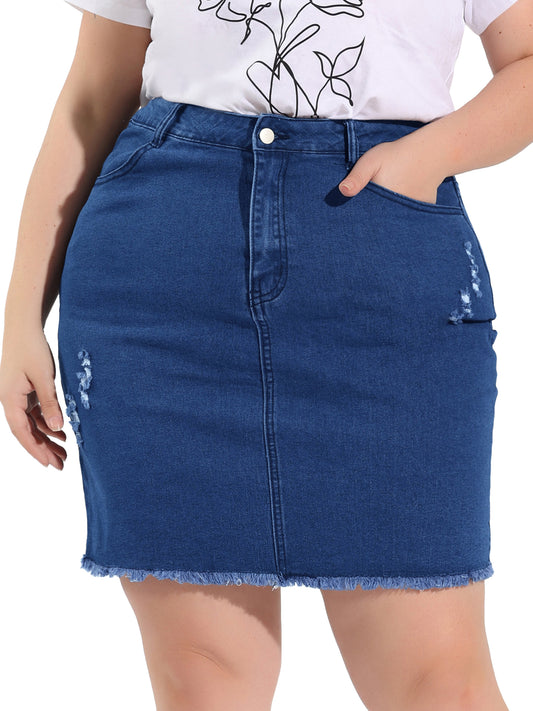 Women's Plus Size Denim Short Skirt Distressed Frayed A-Line Ripped Mini Jean Skirt