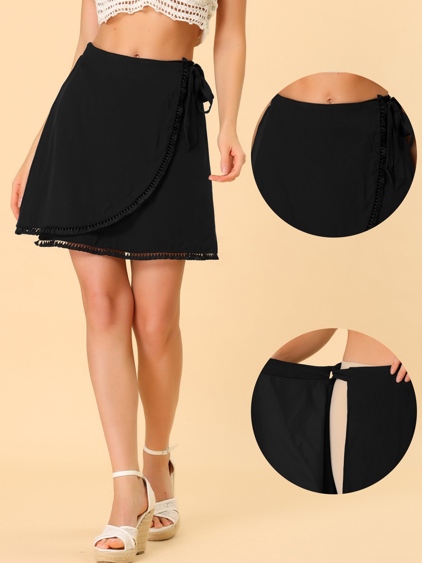 Women's Wrap Skirt High Waist Tassel Beach Tie Waist Mini Summer Skirt