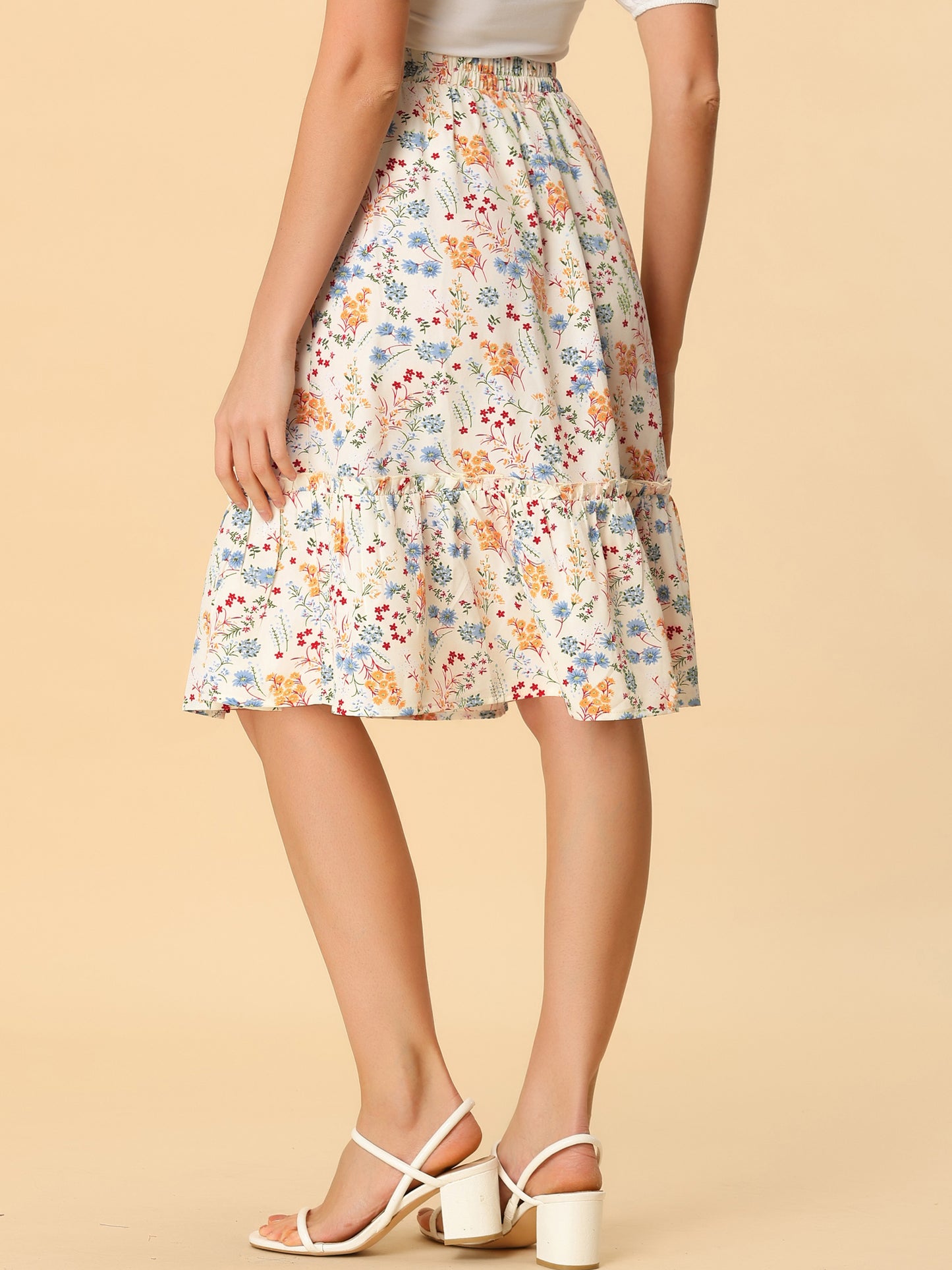 Women's Knee Length Skirt Floral Elastic Waist Flowy Tiered A-Line Ruffle Skirt (Available in Plus Size)