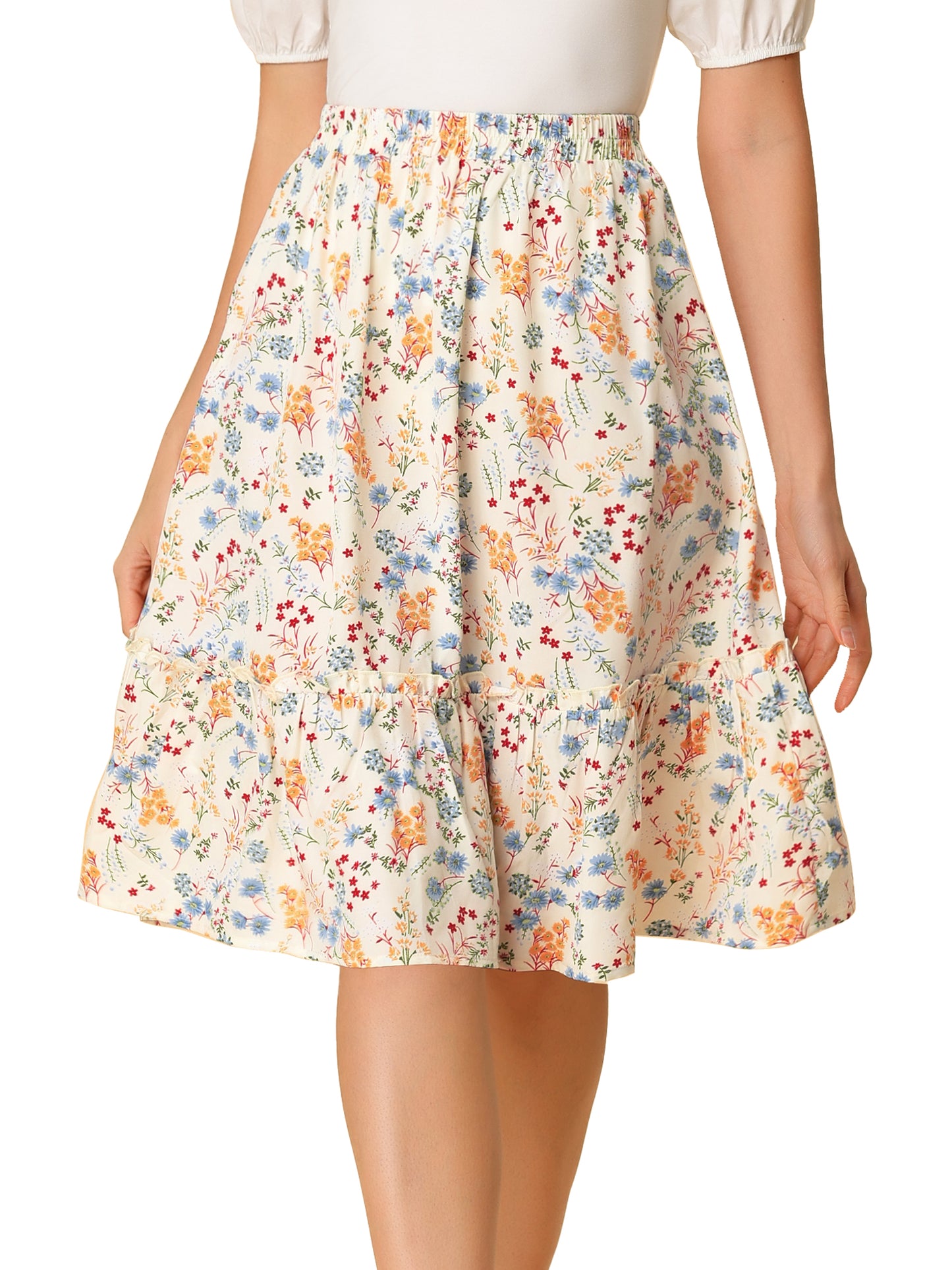 Women's Knee Length Skirt Floral Elastic Waist Flowy Tiered A-Line Ruffle Skirt (Available in Plus Size)