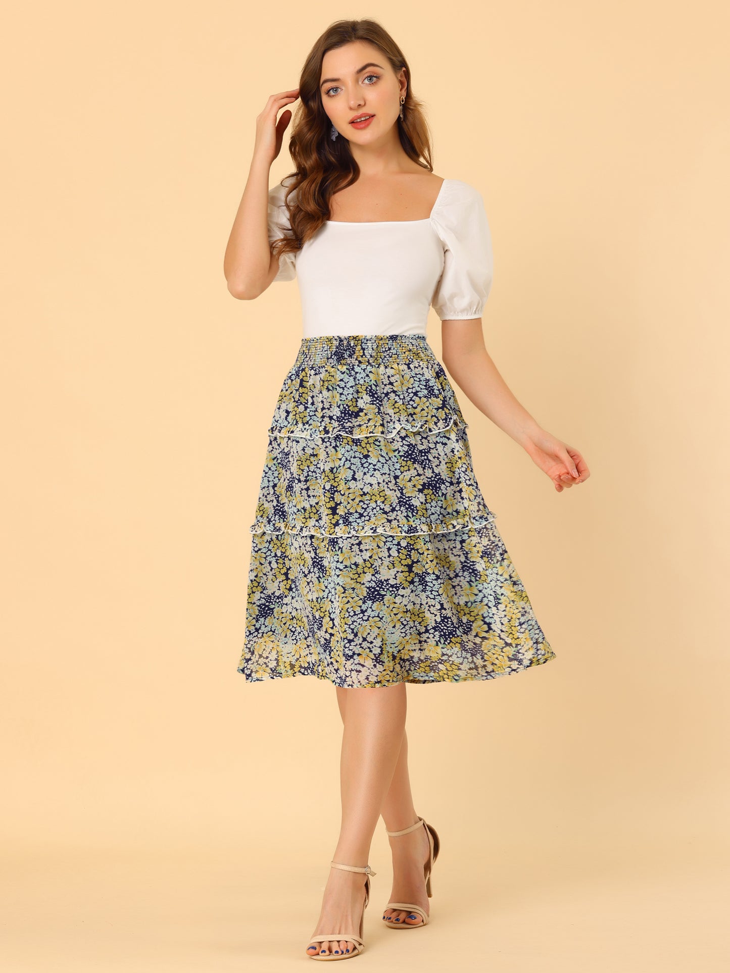 Faldas florales para mujer, primavera, fruncidas, cintura elástica, corte A, por debajo de la rodilla, falda con volantes escalonados