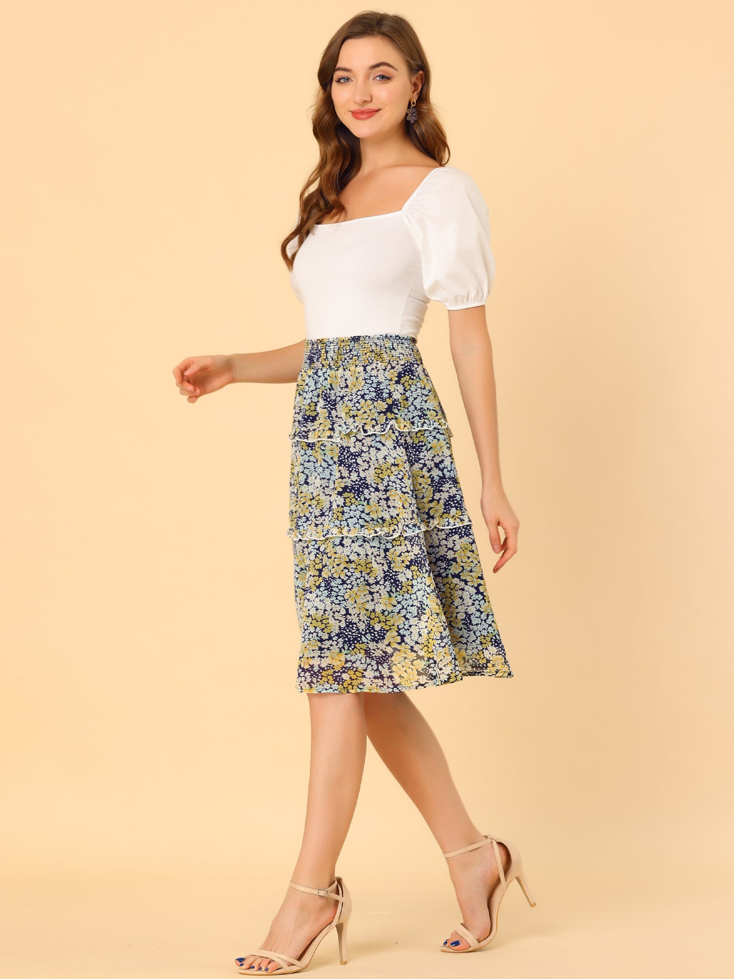 Faldas florales para mujer, primavera, fruncidas, cintura elástica, corte A, por debajo de la rodilla, falda con volantes escalonados