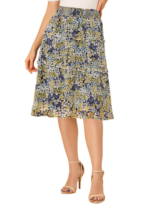 Women's Floral Skirts Spring Smocked Elastic Waist A-Line Below Knee Length Ruffle Tiered Skirt
