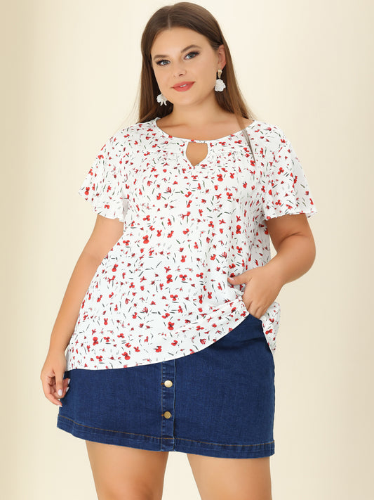 Women's Plus Size Blouses Summer Ruffle Short Sleeve Shirts Keyhole Chiffon Top