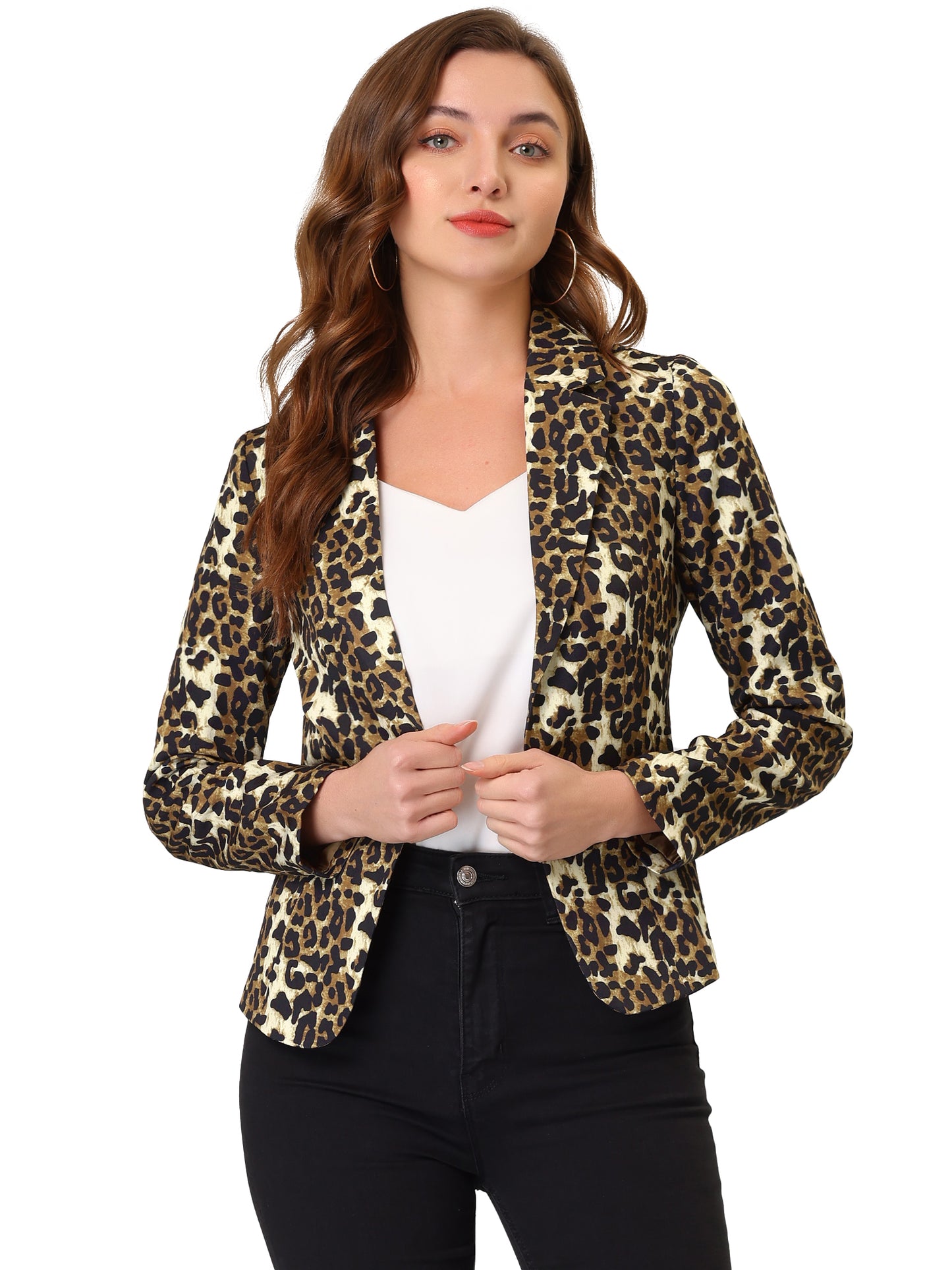 Women's Fitted Blazer Notch Lapel Printed Open Front Suit Jacket (Available in Plus Size)