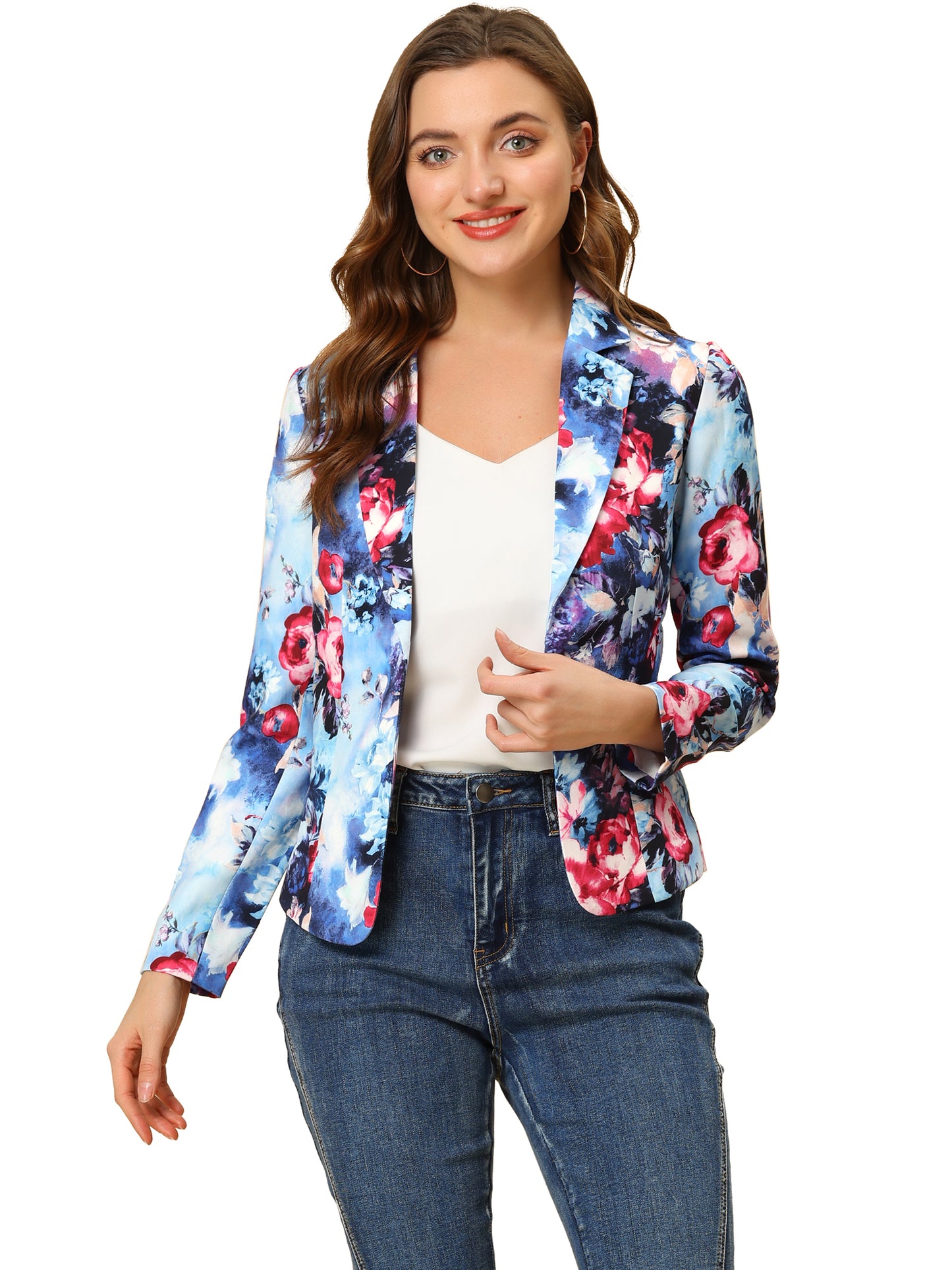 Women's Fitted Blazer Notch Lapel Printed Open Front Suit Jacket (Available in Plus Size)