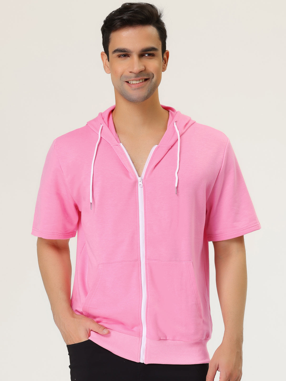 [PACK SALES] Men's 2 Pieces Solid Color Zip Up Short Sleeves Sweatshirt with Drawstring Hood