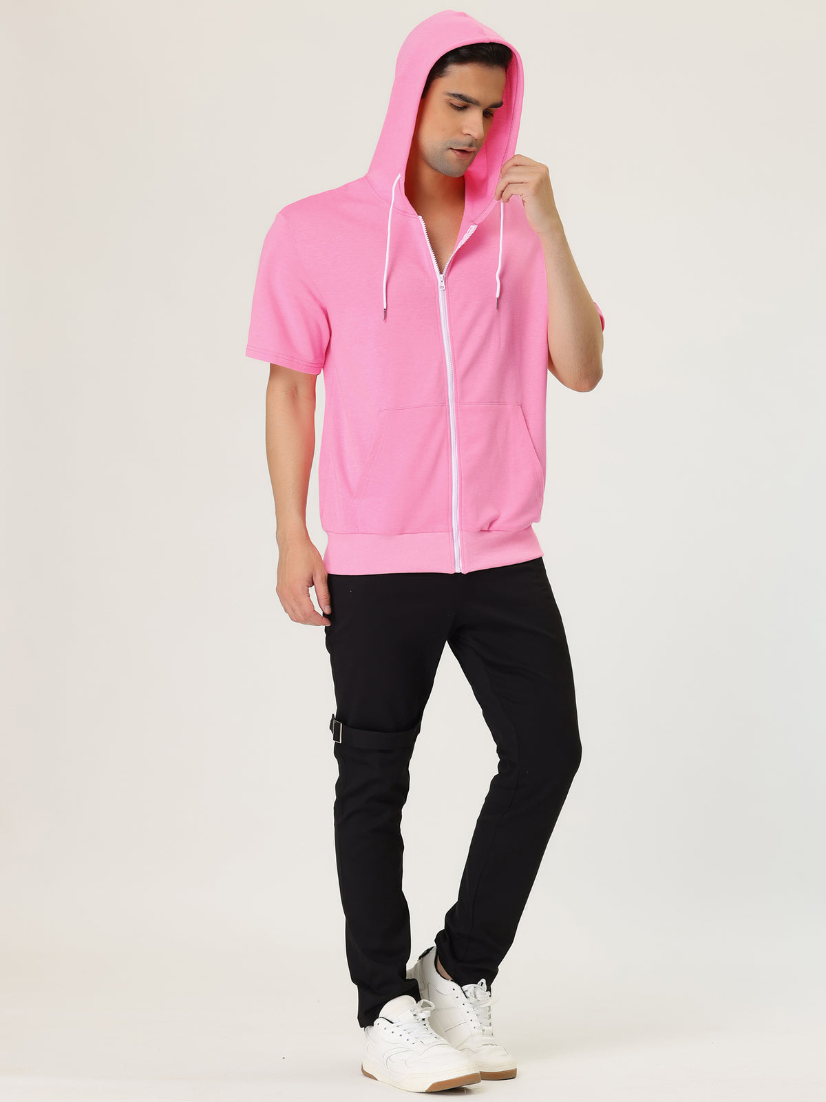 [PACK SALES] Men's 2 Pieces Solid Color Zip Up Short Sleeves Sweatshirt with Drawstring Hood