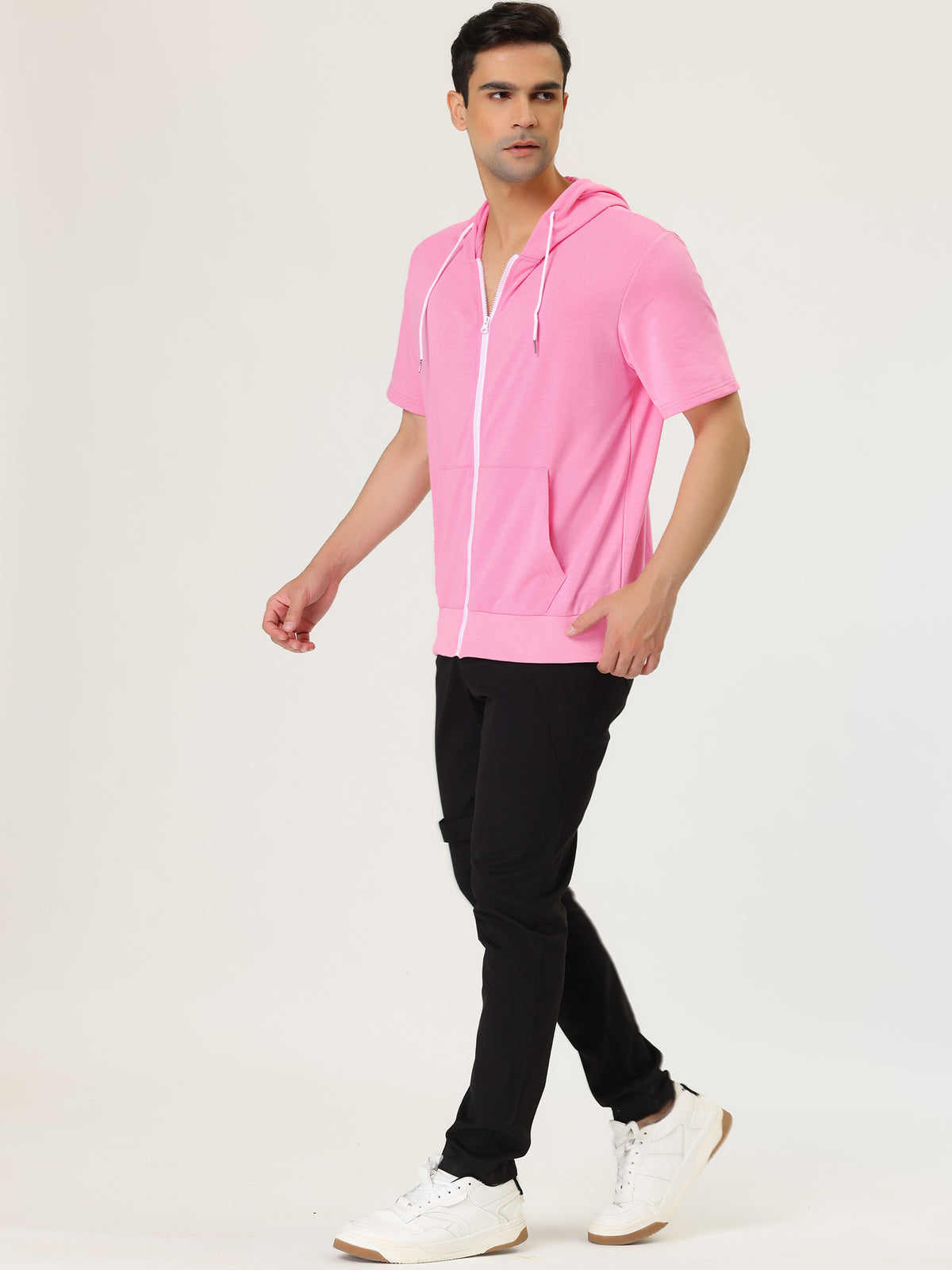 [PACK SALES] Men's 2 Pieces Solid Color Zip Up Short Sleeves Sweatshirt with Drawstring Hood