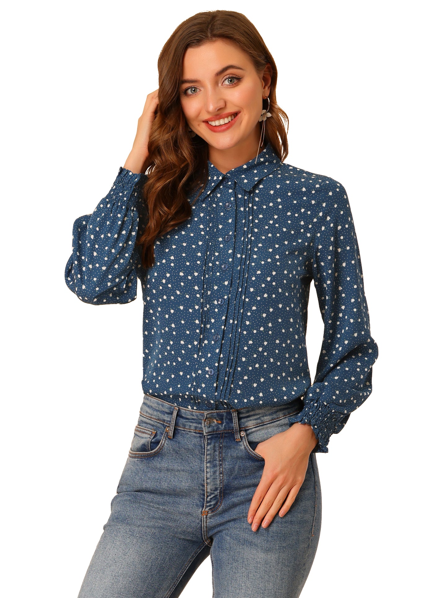 Women's Casual Point Collar Long Sleeve Blouse Floral Button Down Shirt