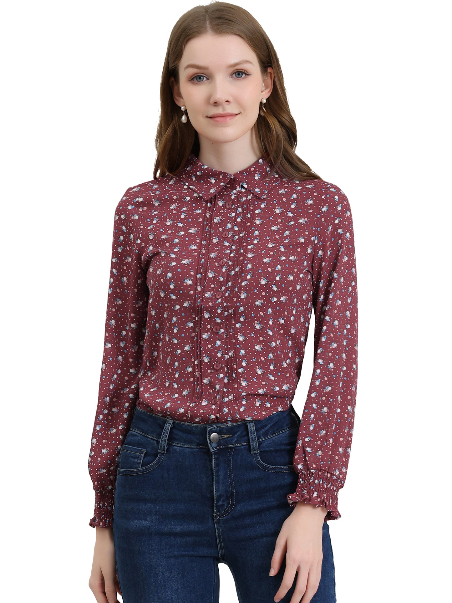 Women's Casual Point Collar Long Sleeve Blouse Floral Button Down Shirt