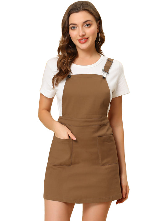 Women's Adjustable Strap Suspender Skirt with Pocket A-Line Pinafore Overall Dress