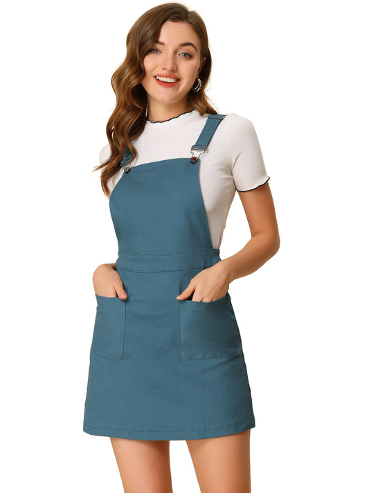 Women's Adjustable Strap Suspender Skirt with Pocket A-Line Pinafore Overall Dress