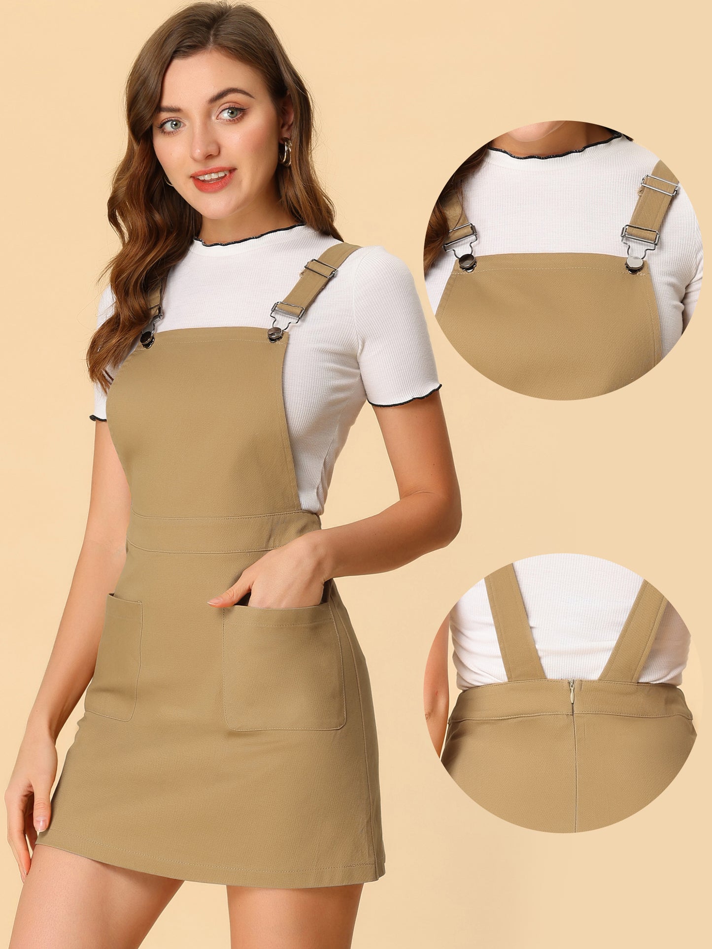 Women's Adjustable Strap Suspender Skirt with Pocket A-Line Pinafore Overall Dress
