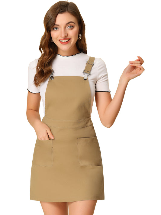 Women's Adjustable Strap Suspender Skirt with Pocket A-Line Pinafore Overall Dress