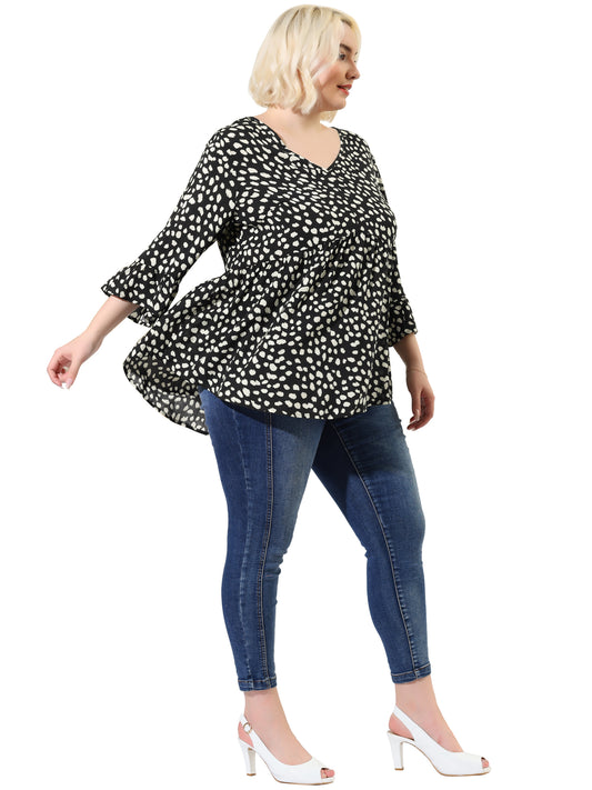 Women Plus Size Polka Dots Blouses V Neck 3/4 Ruffle Sleeve Peplum Top
