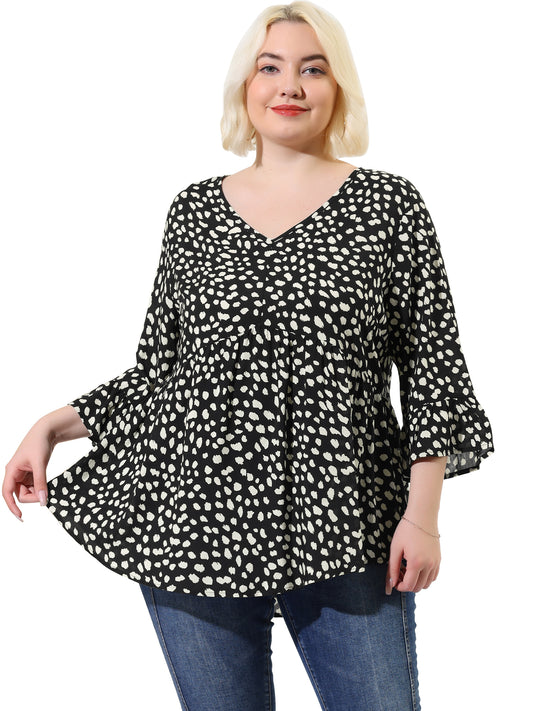 Women Plus Size Polka Dots Blouses V Neck 3/4 Ruffle Sleeve Peplum Top