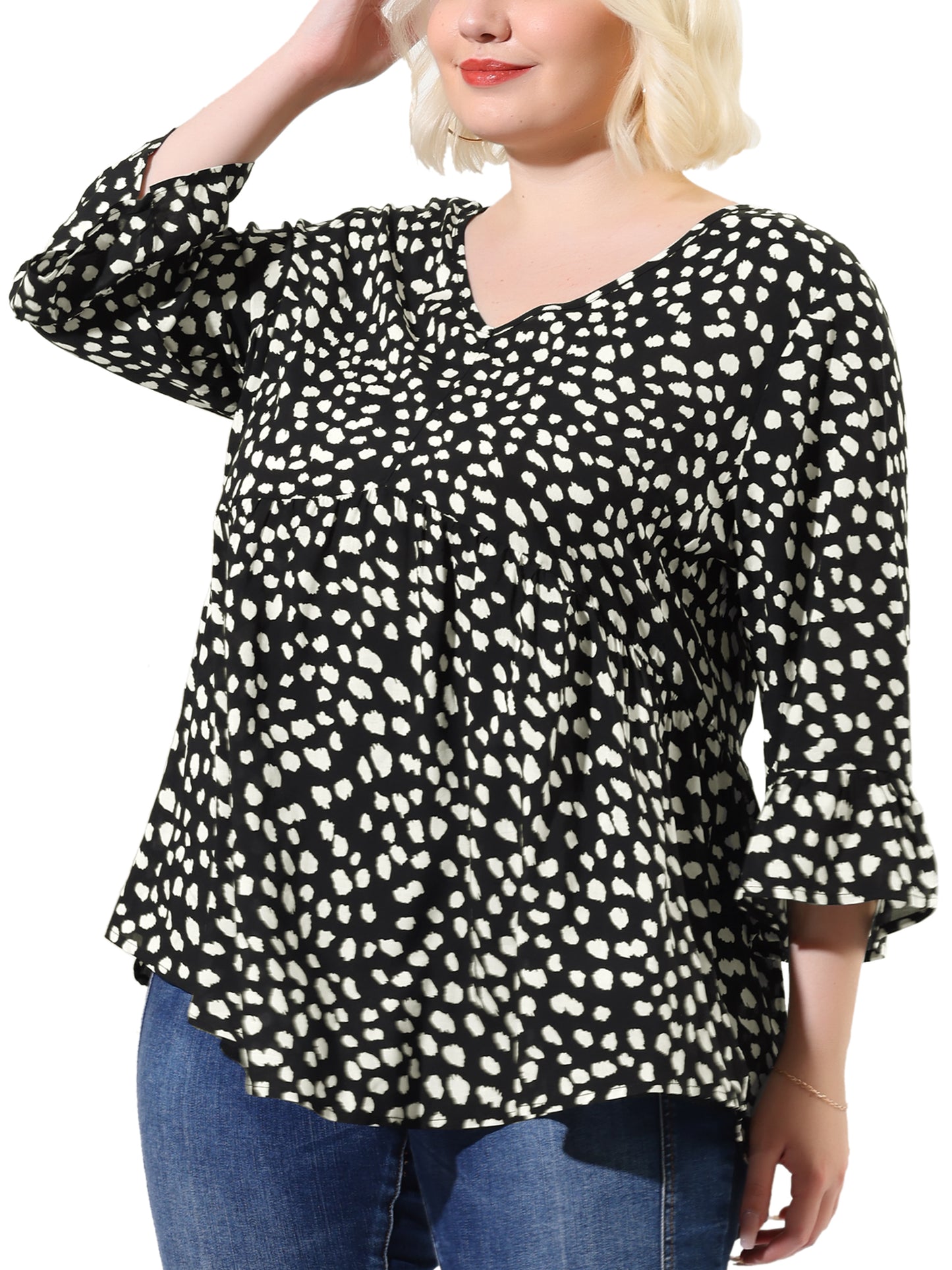 Women Plus Size Polka Dots Blouses V Neck 3/4 Ruffle Sleeve Peplum Top