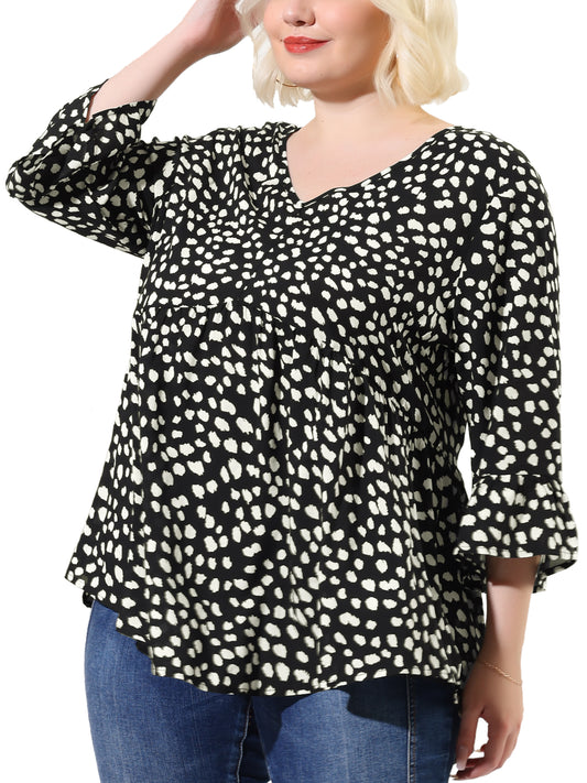 Women Plus Size Polka Dots Blouses V Neck 3/4 Ruffle Sleeve Peplum Top