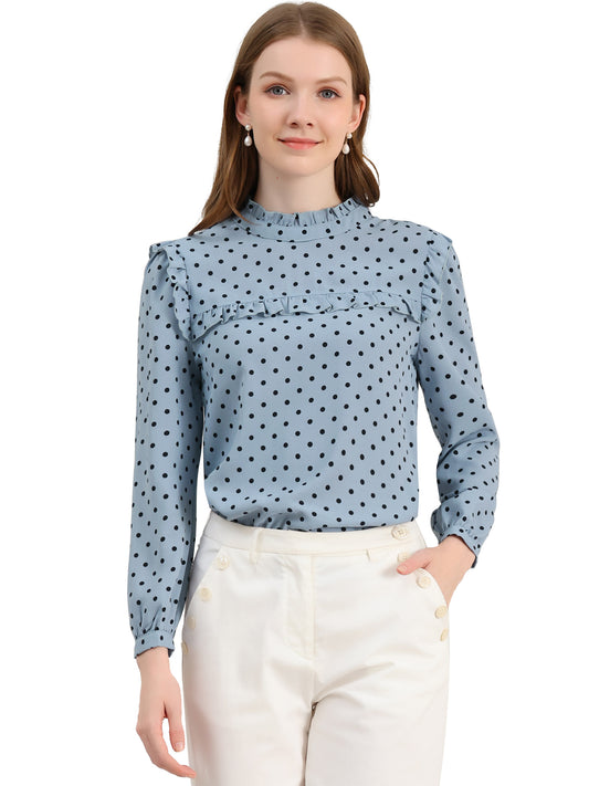Women's Long Sleeve Mock Neck Ruffle Polka Dots Blouse