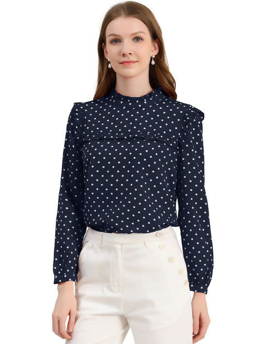 Women's Long Sleeve Mock Neck Ruffle Polka Dots Blouse