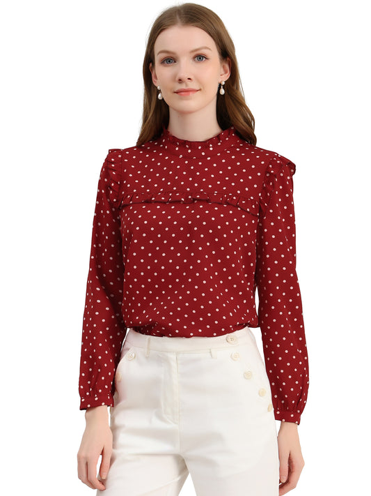 Women's Long Sleeve Mock Neck Ruffle Polka Dots Blouse