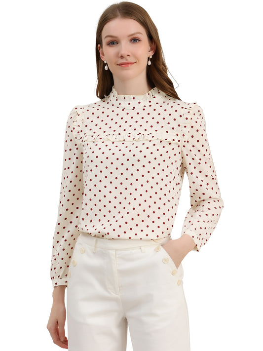 Women's Long Sleeve Mock Neck Ruffle Polka Dots Blouse