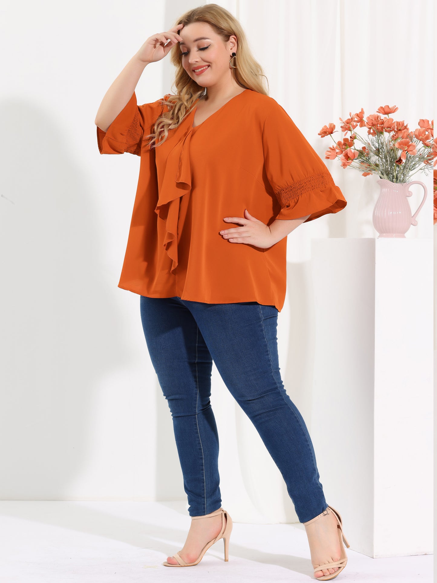 Women's Plus Size Ruffle Blouse V Neck Smocked Sleeves Top