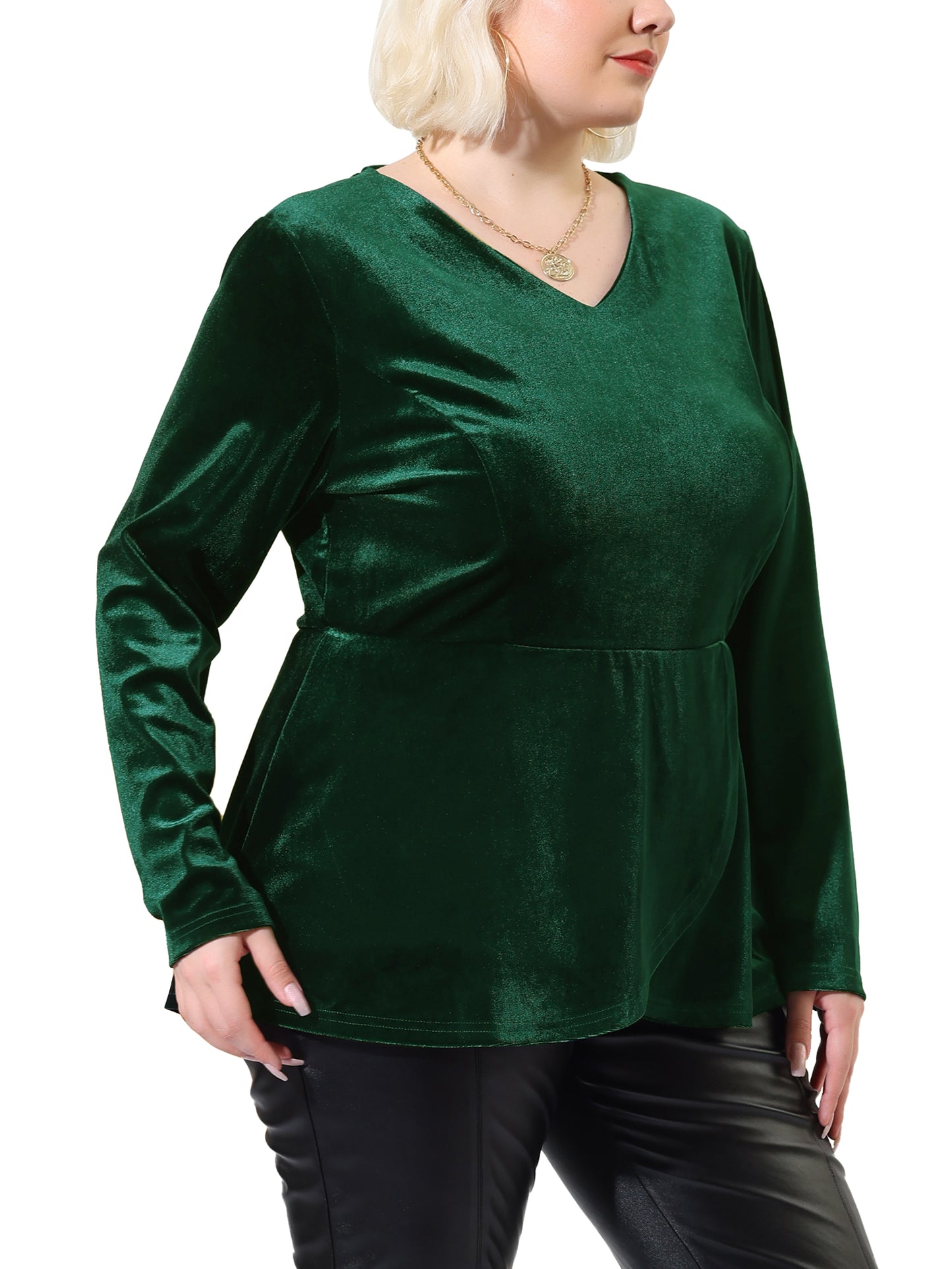 Women's Plus Size Velvet Velour V Neck Tulip Hem Long Sleeve Peplum Blouse