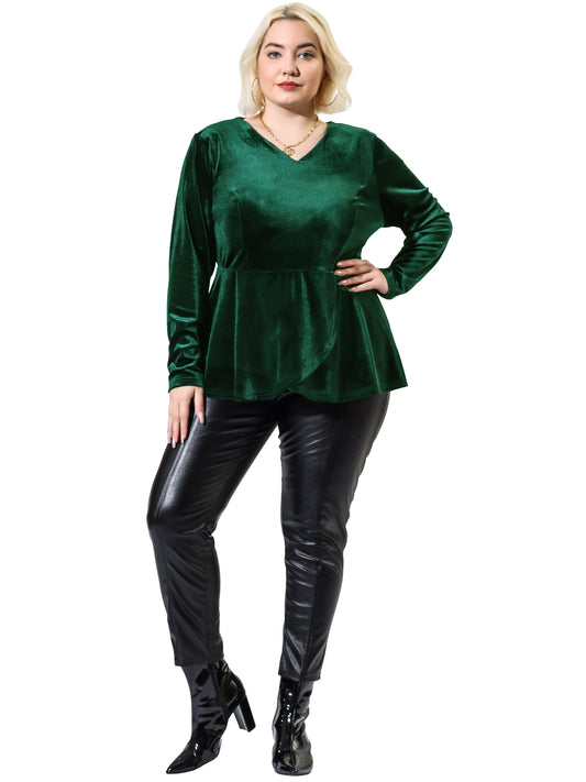 Women's Plus Size Velvet Velour V Neck Tulip Hem Long Sleeve Peplum Blouse
