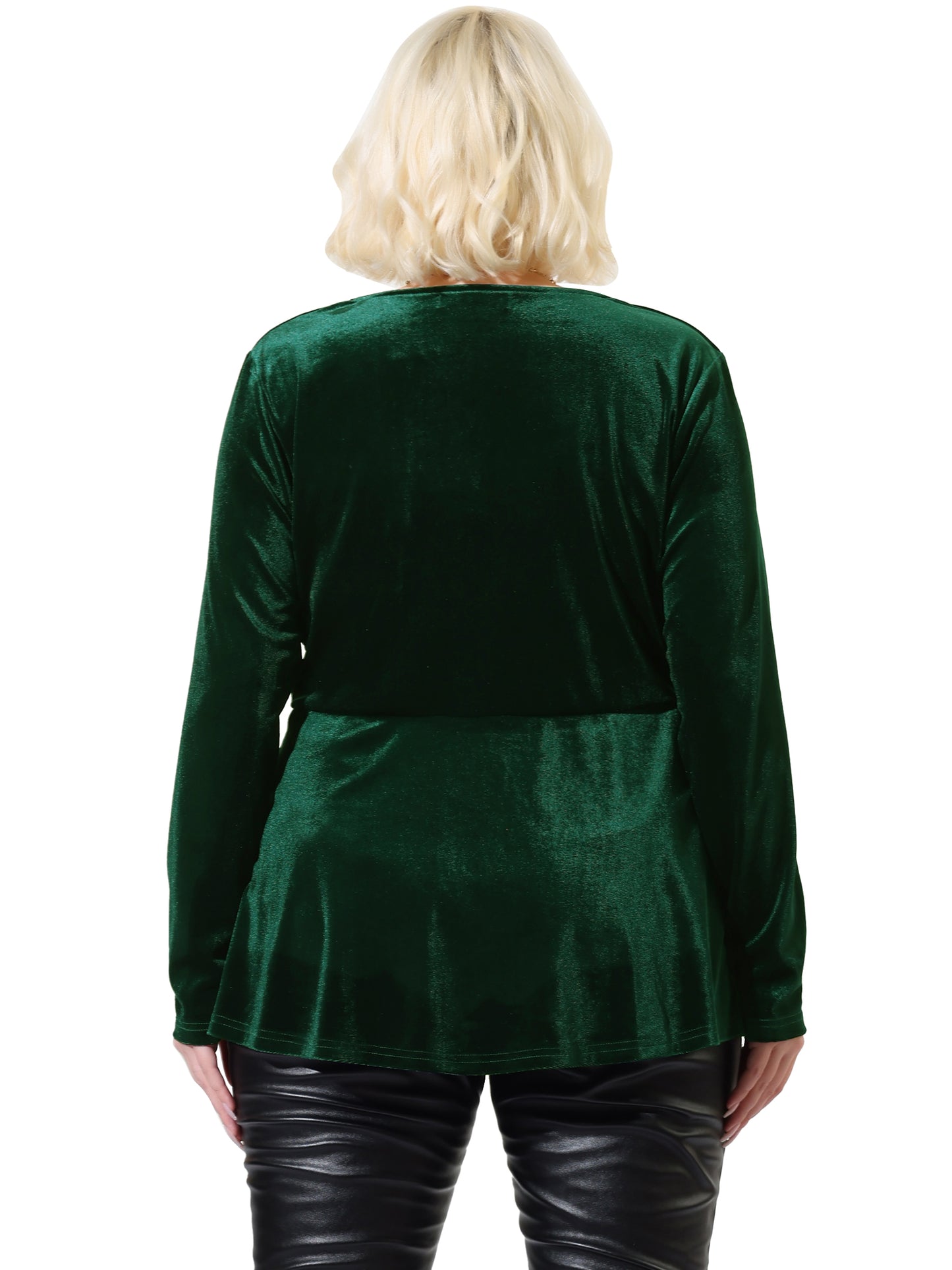 Women's Plus Size Velvet Velour V Neck Tulip Hem Long Sleeve Peplum Blouse