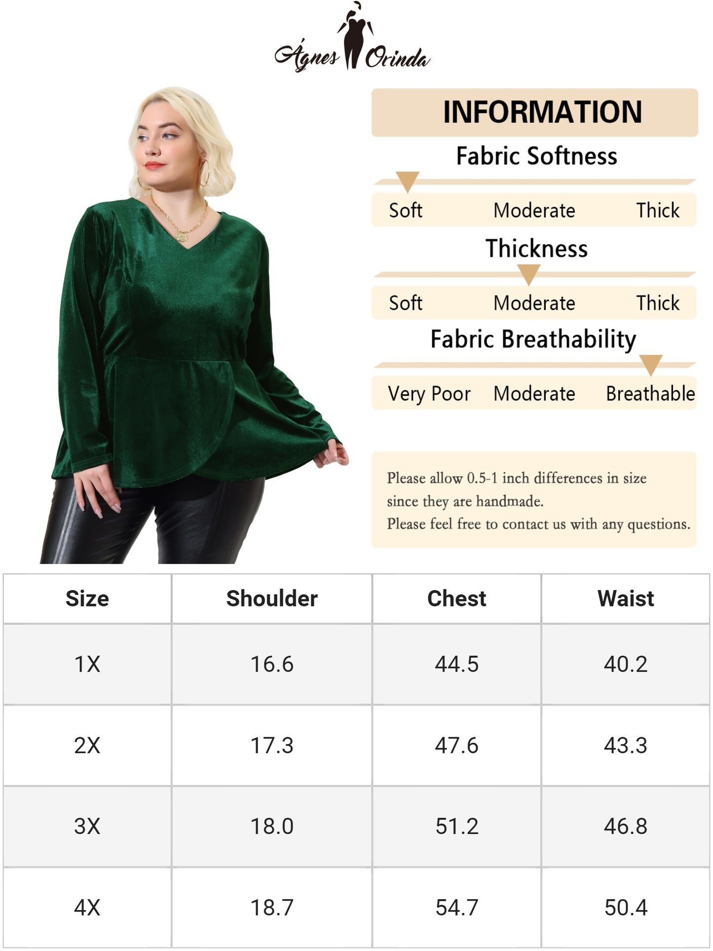 Women's Plus Size Velvet Velour V Neck Tulip Hem Long Sleeve Peplum Blouse