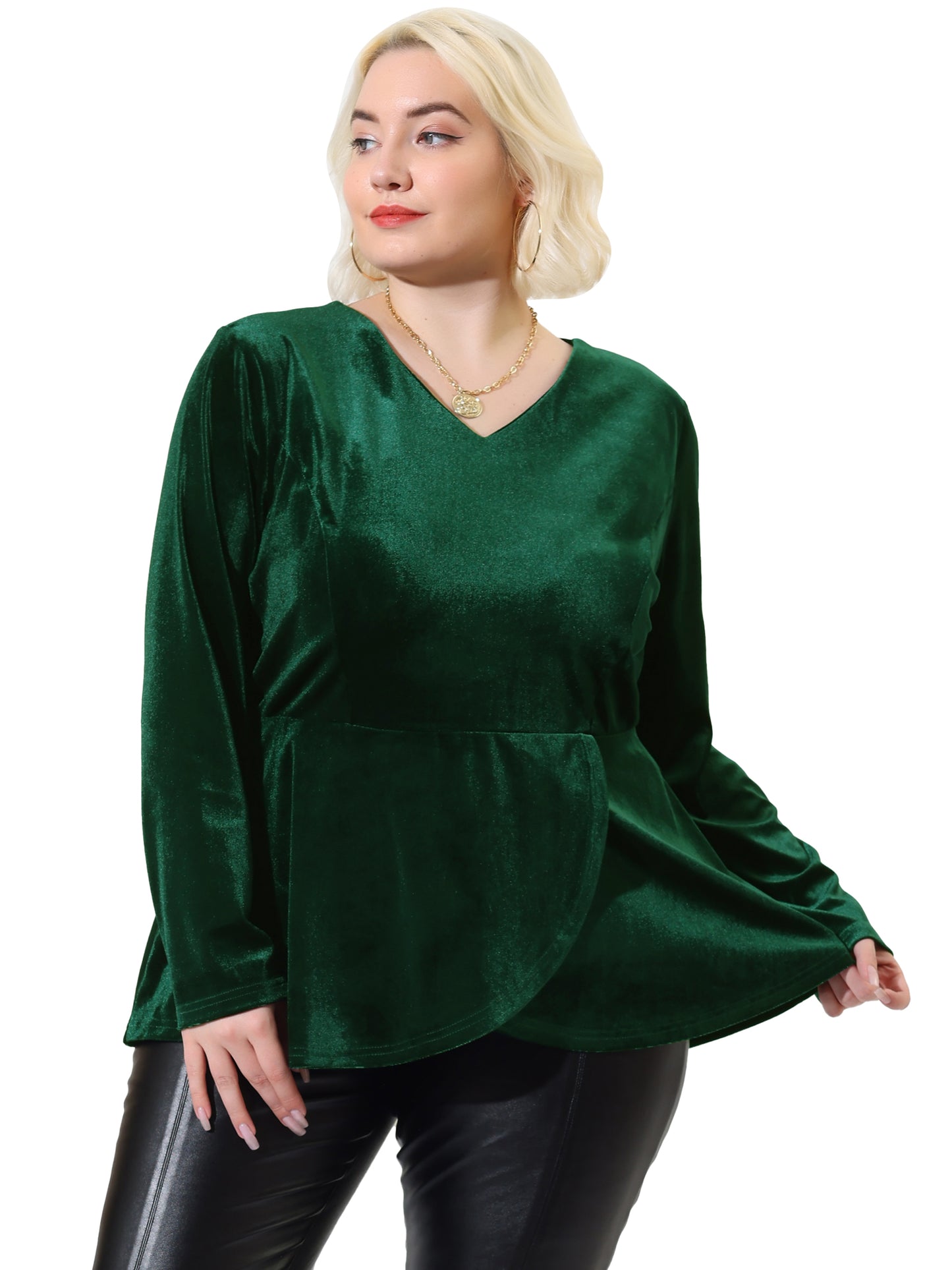 Women's Plus Size Velvet Velour V Neck Tulip Hem Long Sleeve Peplum Blouse
