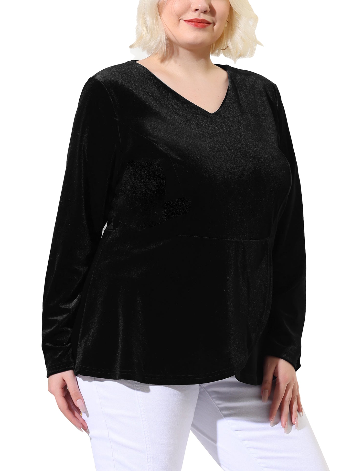 Women's Plus Size Velvet Velour V Neck Tulip Hem Long Sleeve Peplum Blouse