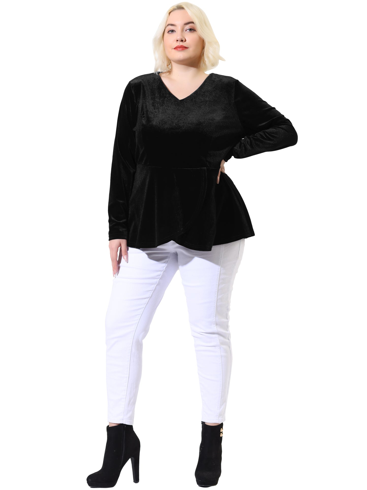 Women's Plus Size Velvet Velour V Neck Tulip Hem Long Sleeve Peplum Blouse