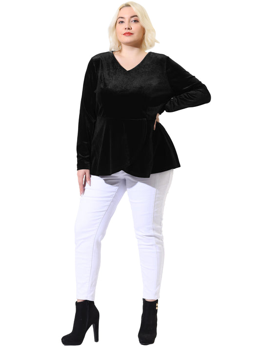 Women's Plus Size Velvet Velour V Neck Tulip Hem Long Sleeve Peplum Blouse