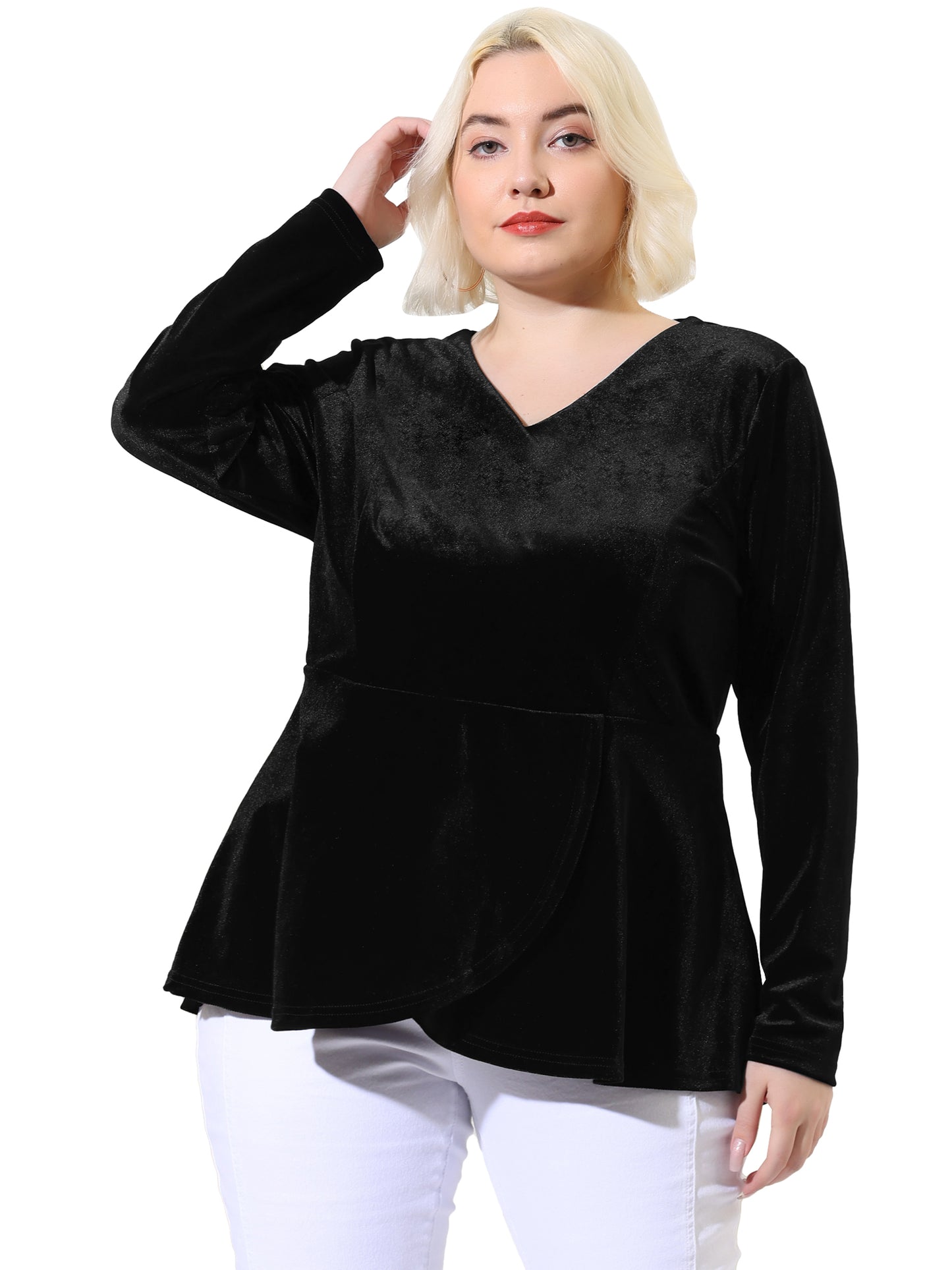 Women's Plus Size Velvet Velour V Neck Tulip Hem Long Sleeve Peplum Blouse