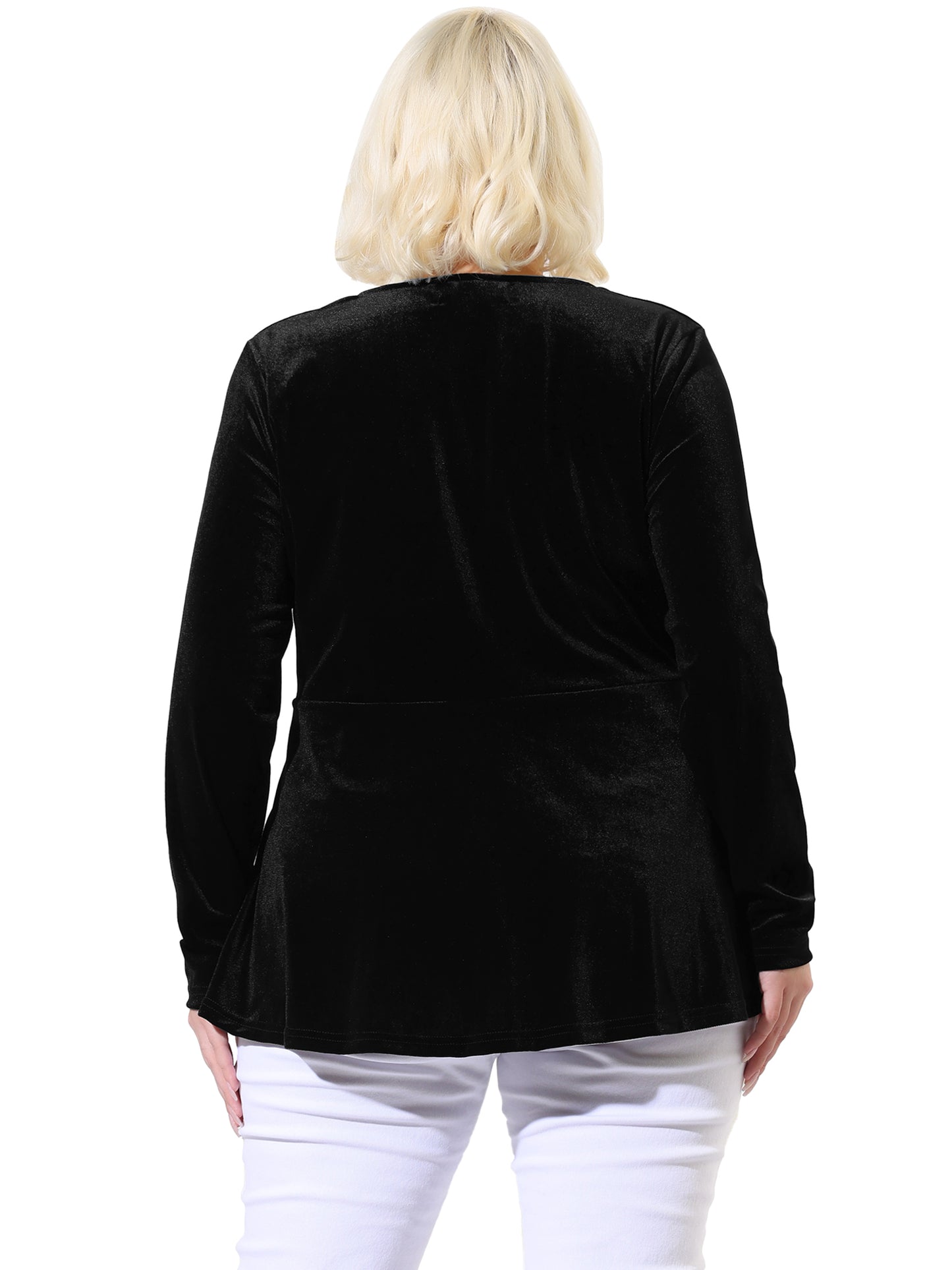 Women's Plus Size Velvet Velour V Neck Tulip Hem Long Sleeve Peplum Blouse