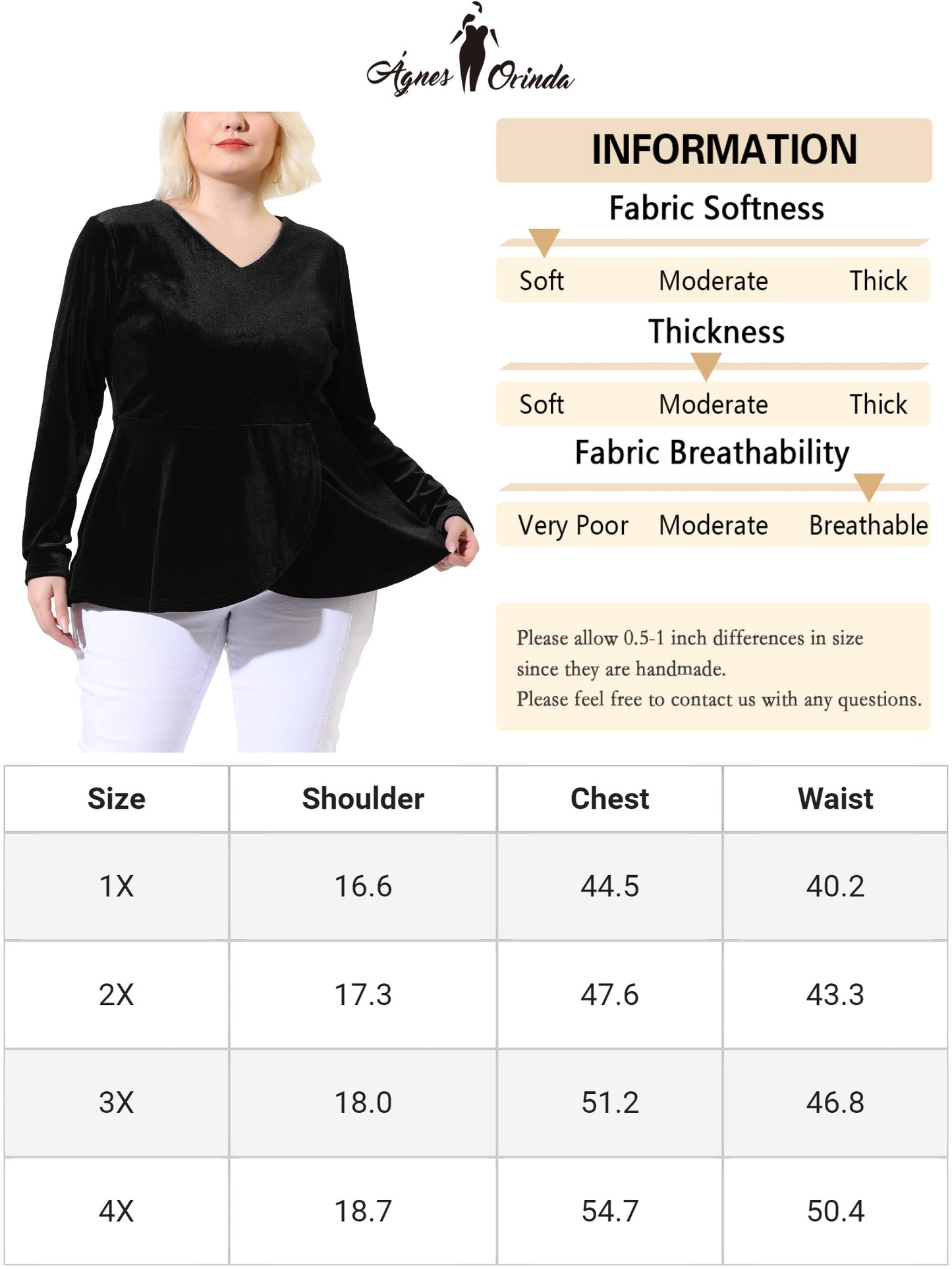 Women's Plus Size Velvet Velour V Neck Tulip Hem Long Sleeve Peplum Blouse