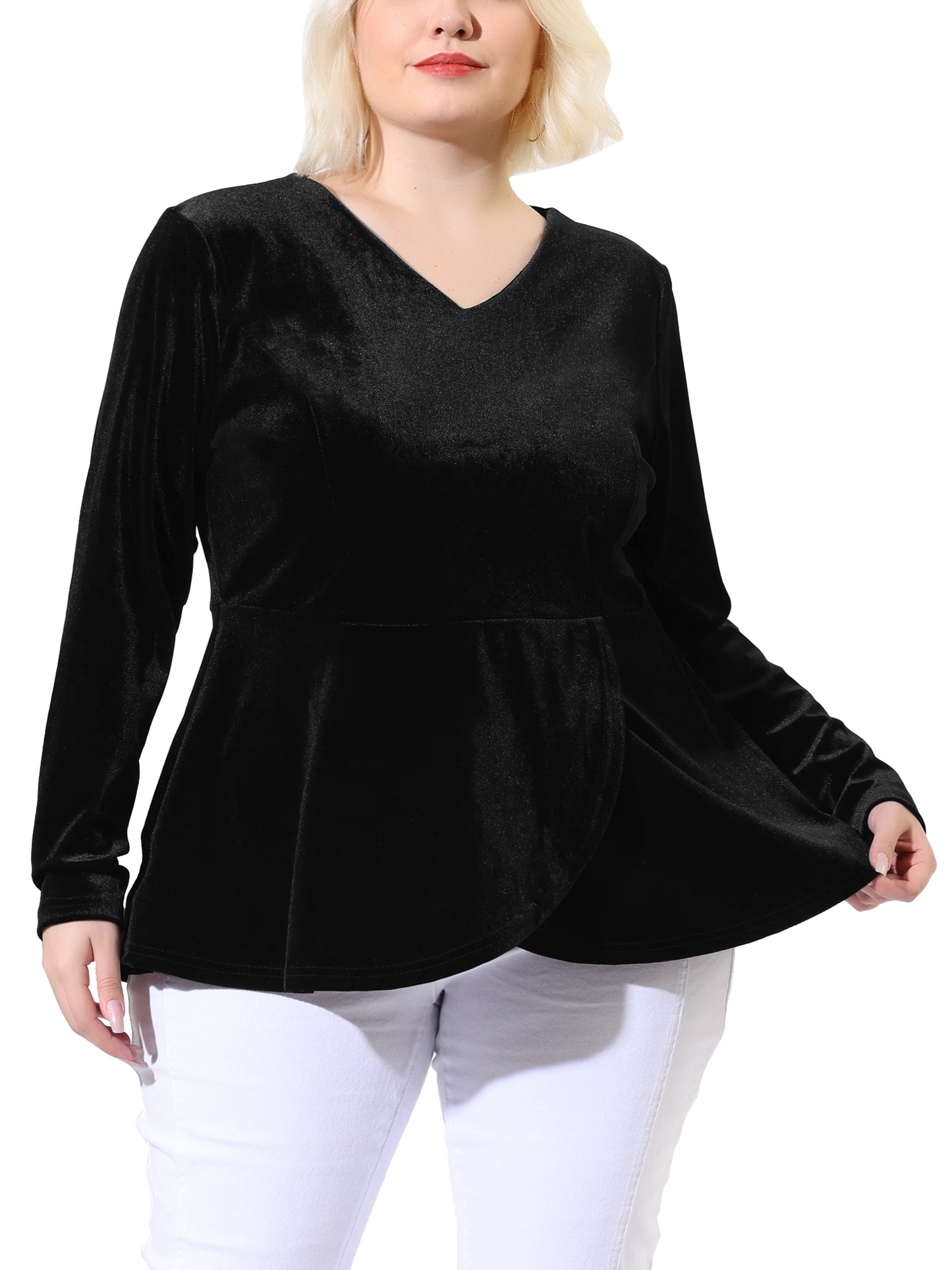 Women's Plus Size Velvet Velour V Neck Tulip Hem Long Sleeve Peplum Blouse