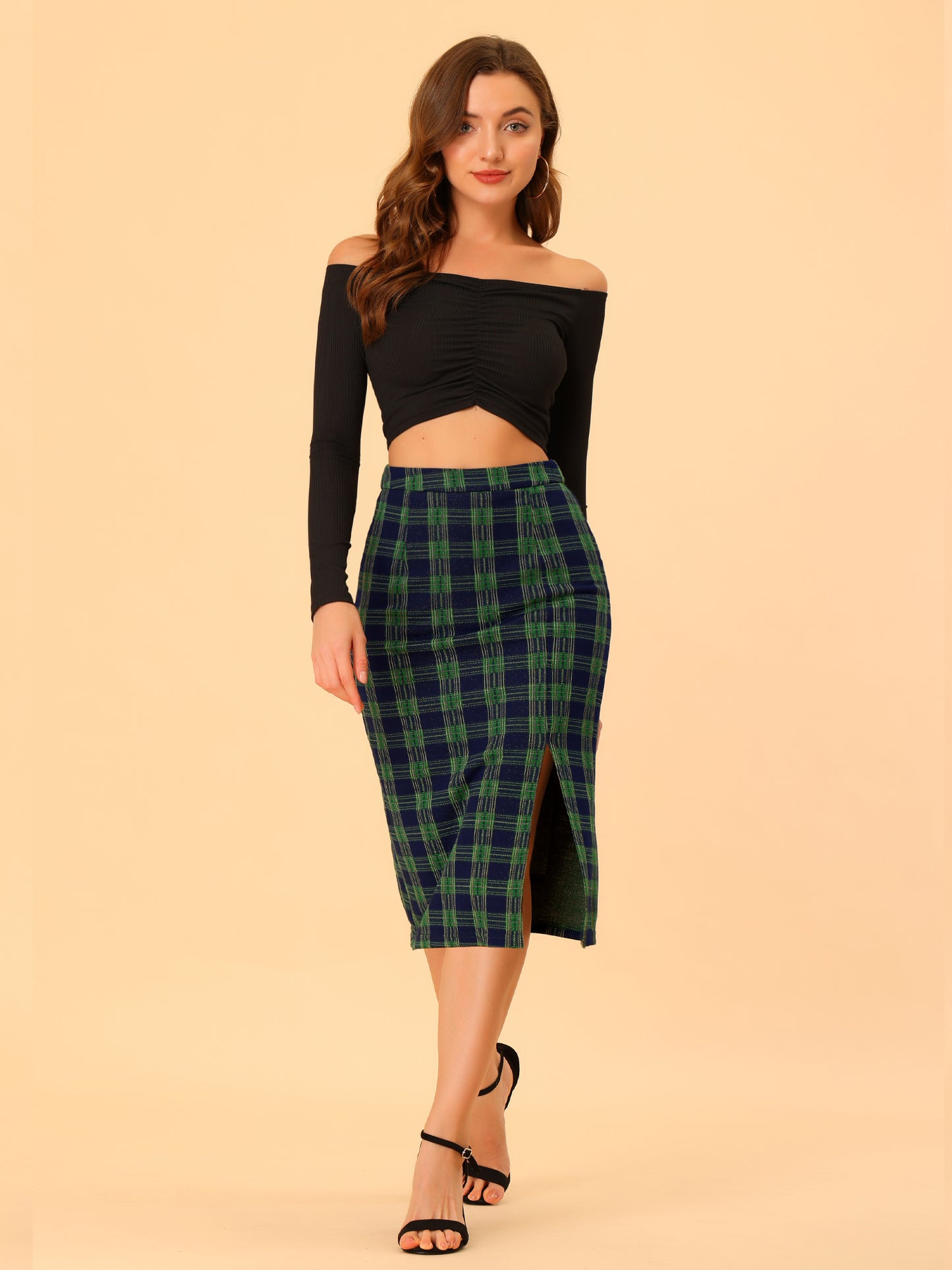 Women's Plaid High Waisted Stretchy Slit Midi Pencil Skirt