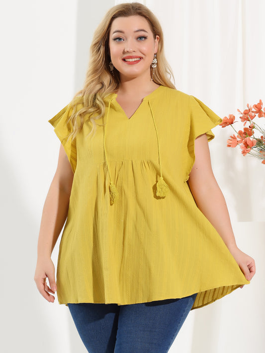 Women Plus Size V Neck Tassel Self Tie Flutter Short Sleeve Blouse Flowy Summer Top