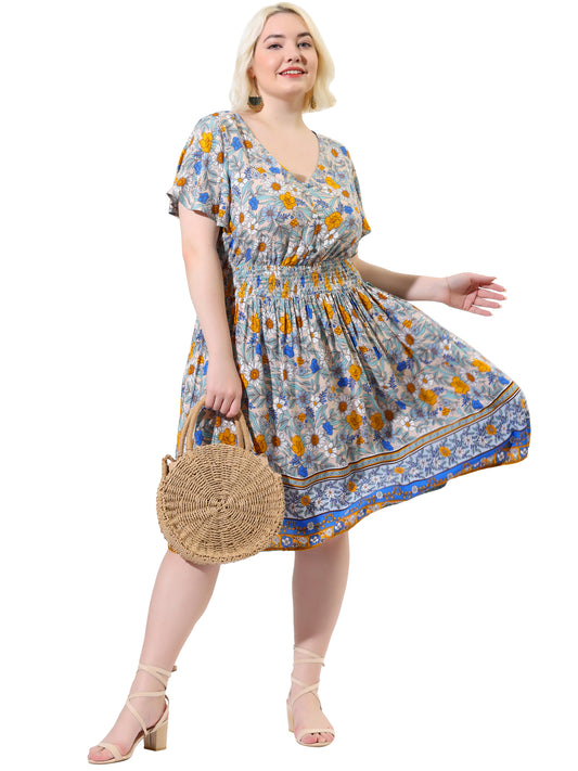 Women Plus Size Placed Pattern Bohemian Smock Waist V Neck Summer Midi Dress