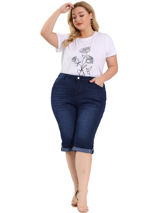 Vaqueros capri de mezclilla de talla grande para mujer, ajustados, elásticos, de tiro medio y con bolsillos