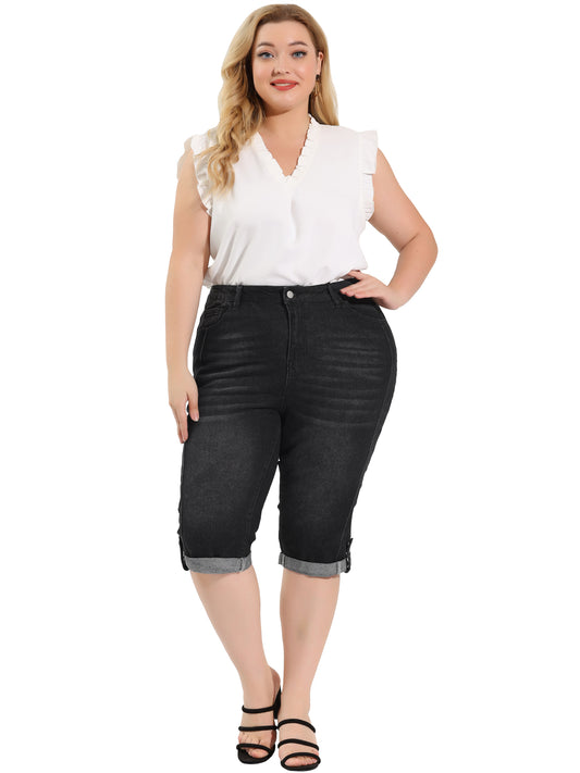 Vaqueros capri de mezclilla de talla grande para mujer, ajustados, elásticos, de tiro medio y con bolsillos