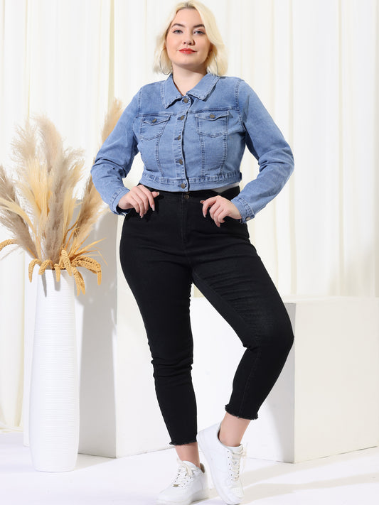 Women's Plus Size Button Closed Cropped Stitching Denim Jacket