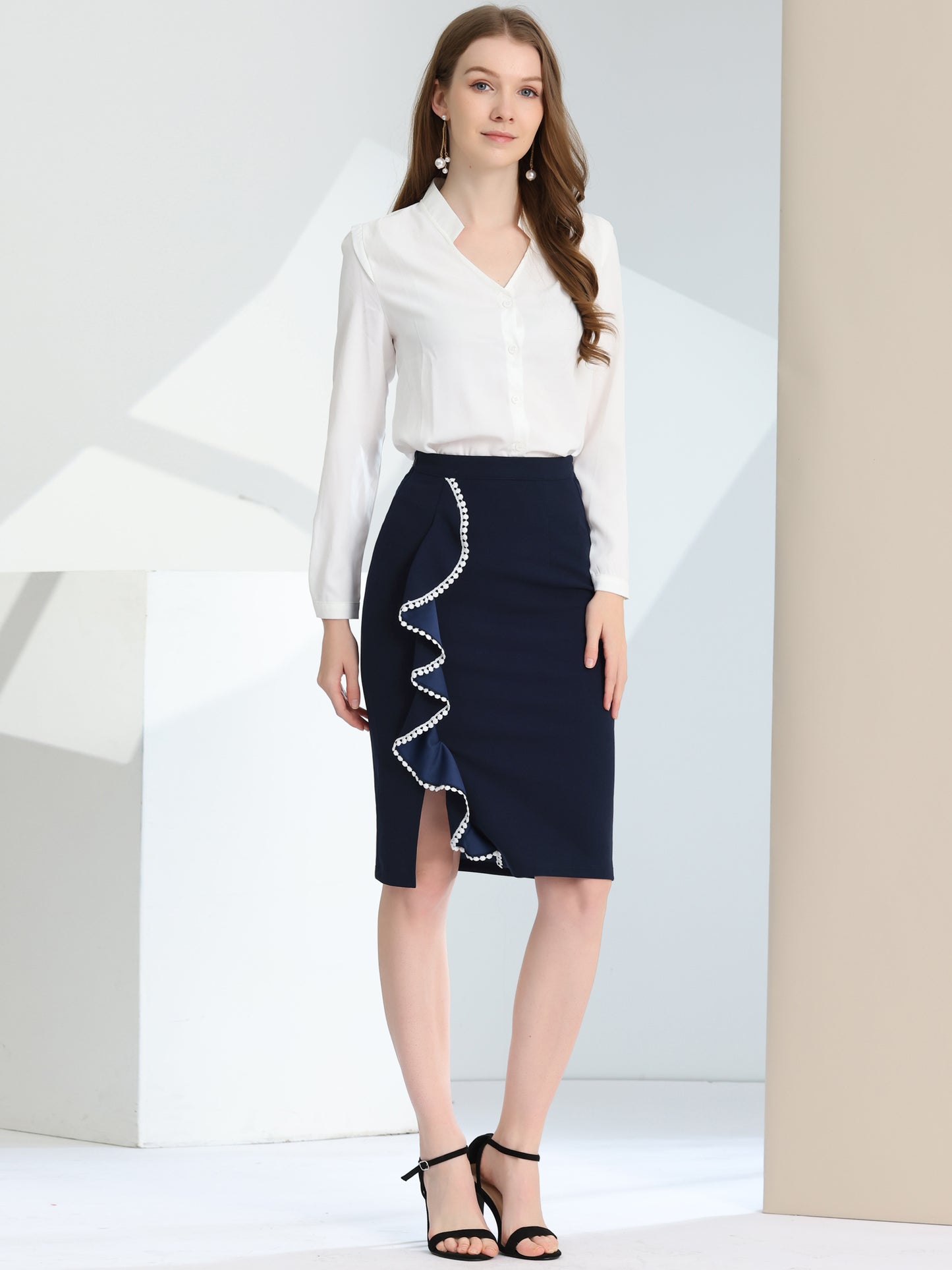 Falda tubo de cintura alta con volantes y abertura para oficina y trabajo para mujer