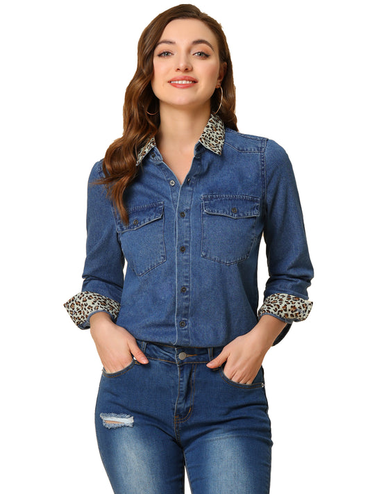 Women's Button Up Jean Shirt Long Sleeve Leopard Denim Shacket