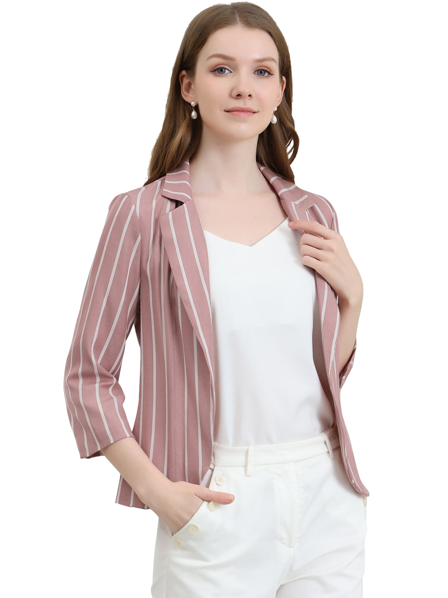 Women's Striped Open Front 3/4 Sleeves Notched Lapel Business Casual Blazer (Available in Plus Size)