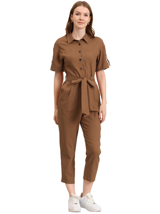 Women's Short Sleeve Collared Cropped Coverall  Button Down Tie Waist Cotton Cargo Jumpsuit